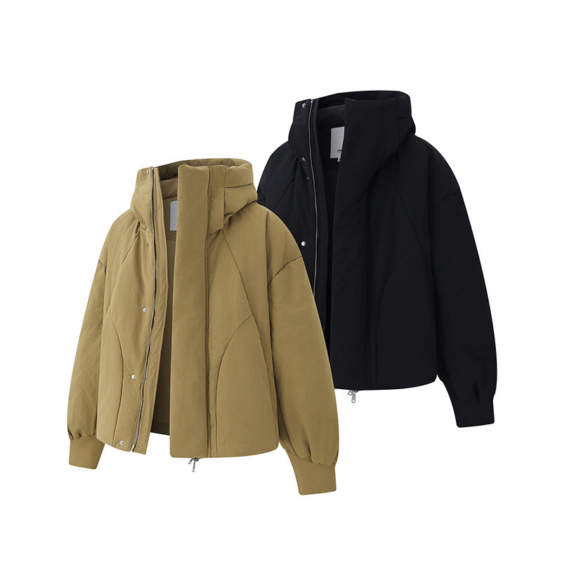 White Duck Down Wide Placket High Neck Hooded Down Jacket, Hooded High Neck Couple Matching Outwear for Men