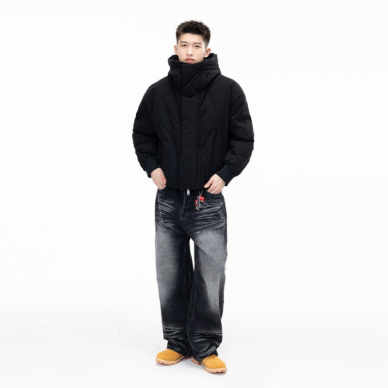 White Duck Down Wide Placket High Neck Hooded Down Jacket, Hooded High Neck Couple Matching Outwear for Men