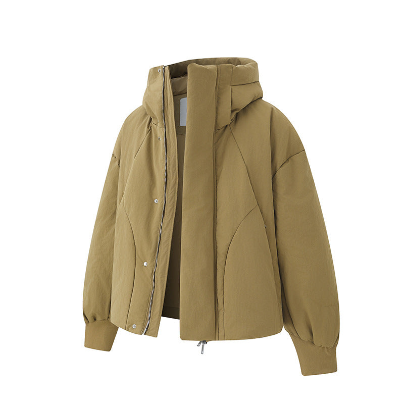 White Duck Down Wide Placket High Neck Hooded Down Jacket, Hooded High Neck Couple Matching Outwear for Men