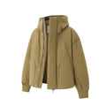 White Duck Down Wide Placket High Neck Hooded Down Jacket, Hooded High Neck Couple Matching Outwear for Men