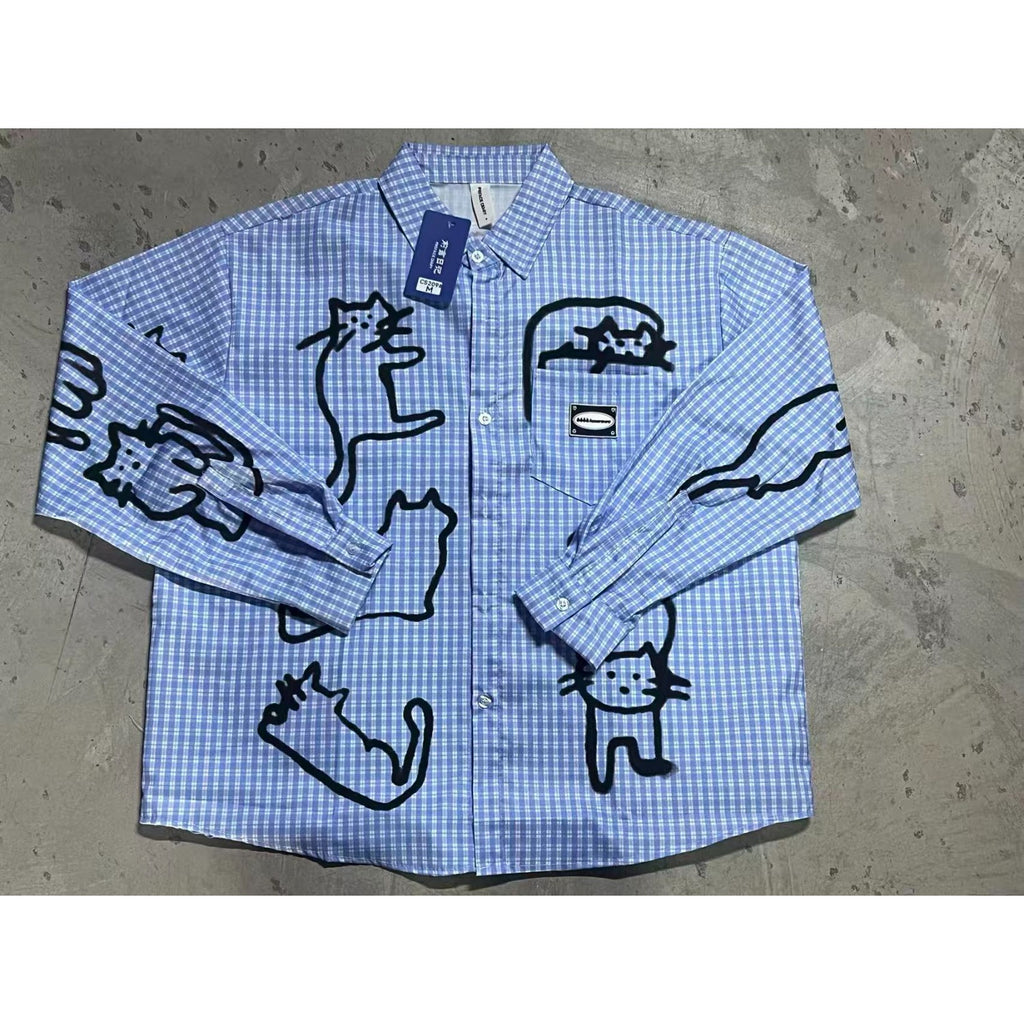 Vintage Cat Print Long Sleeve Shirt for Women, Loose Fit, Blue Checkered Casual Blouse