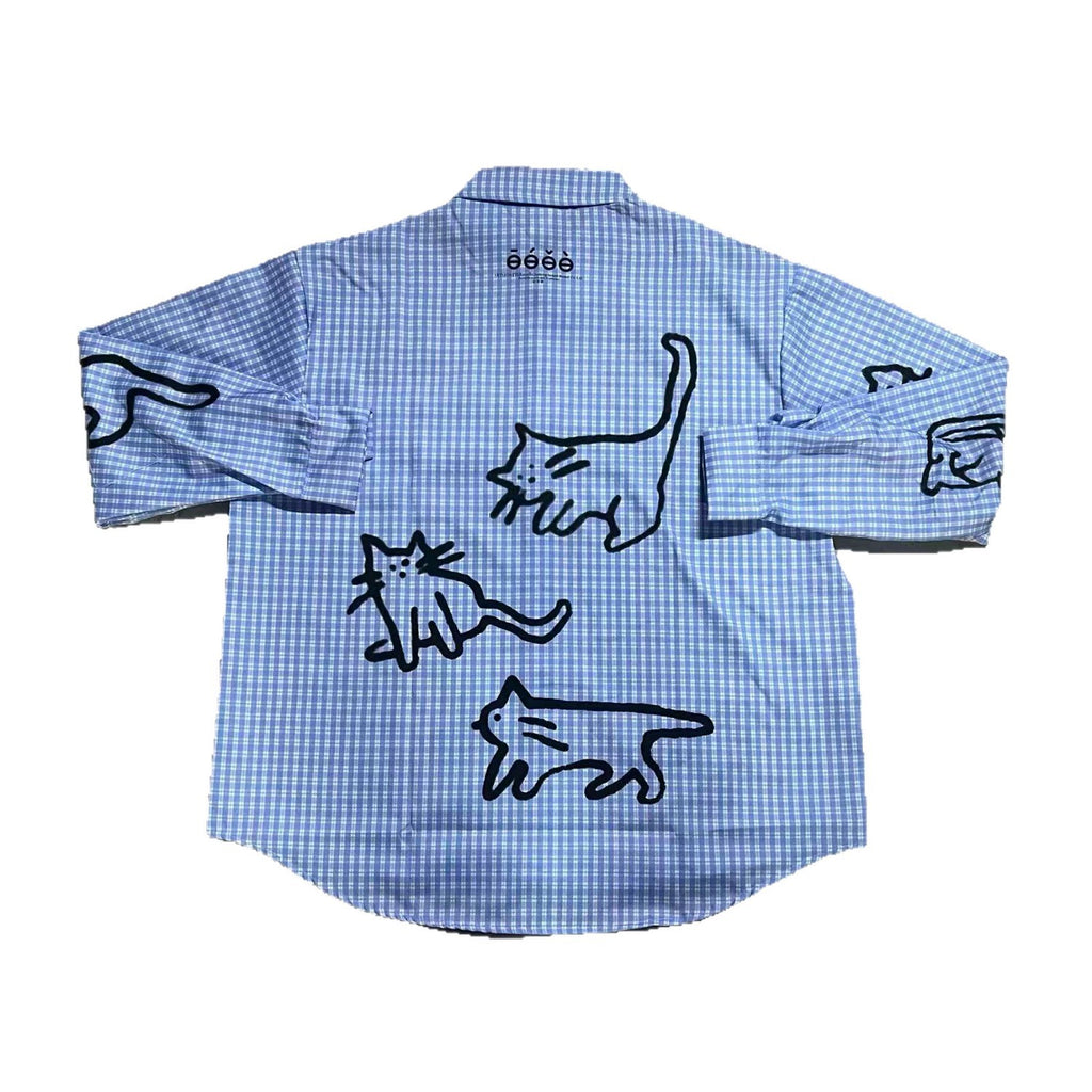 Vintage Cat Print Long Sleeve Shirt for Women, Loose Fit, Blue Checkered Casual Blouse