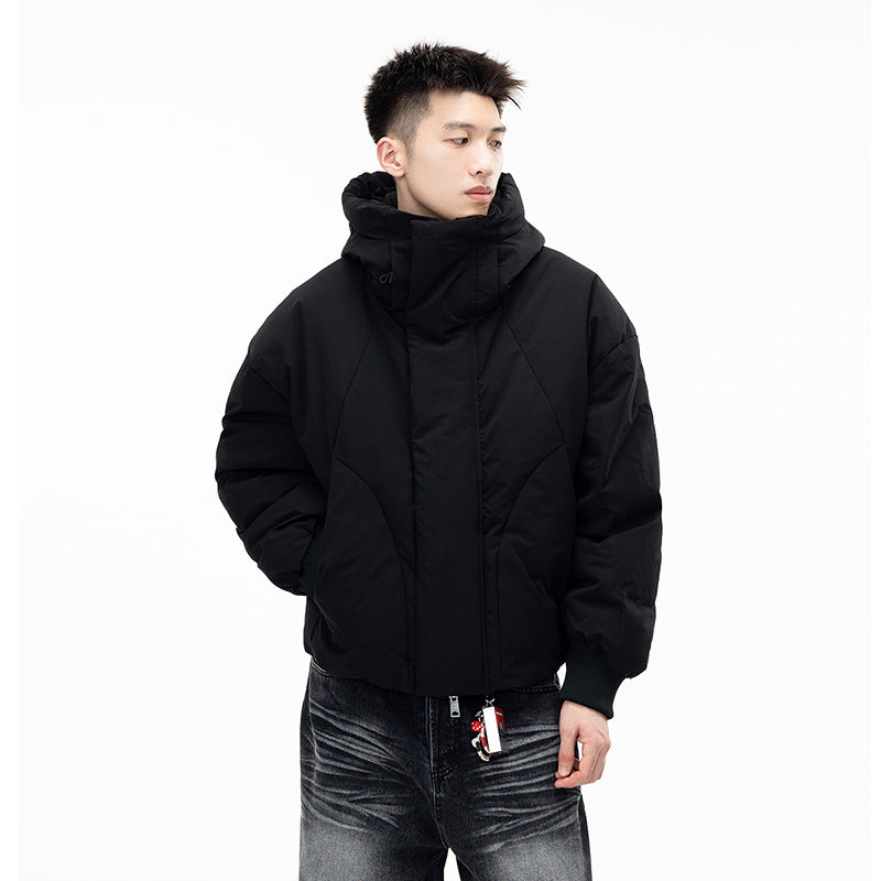 White Duck Down Wide Placket High Neck Hooded Down Jacket, Hooded High Neck Couple Matching Outwear for Men