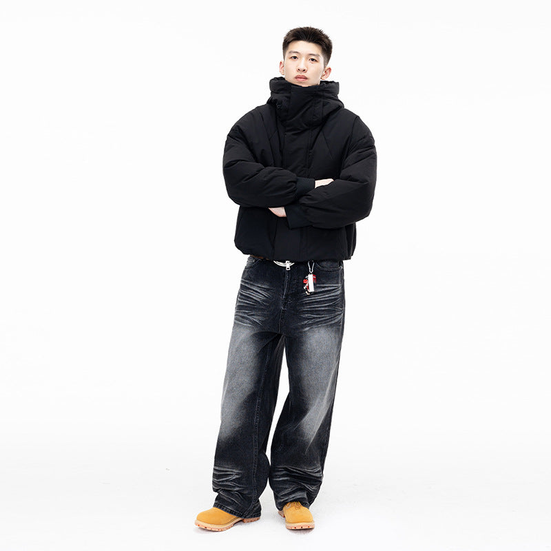 White Duck Down Wide Placket High Neck Hooded Down Jacket, Hooded High Neck Couple Matching Outwear for Men