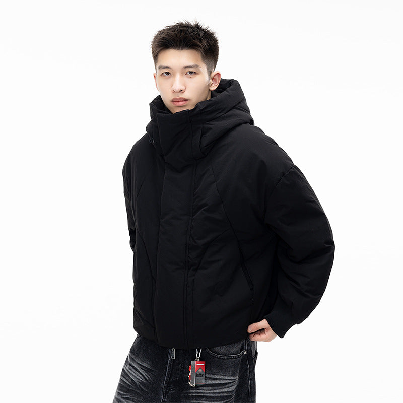 White Duck Down Wide Placket High Neck Hooded Down Jacket, Hooded High Neck Couple Matching Outwear for Men