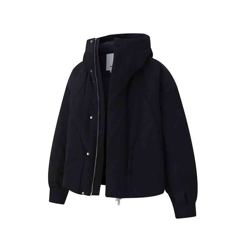 White Duck Down Wide Placket High Neck Hooded Down Jacket, Hooded High Neck Couple Matching Outwear for Men